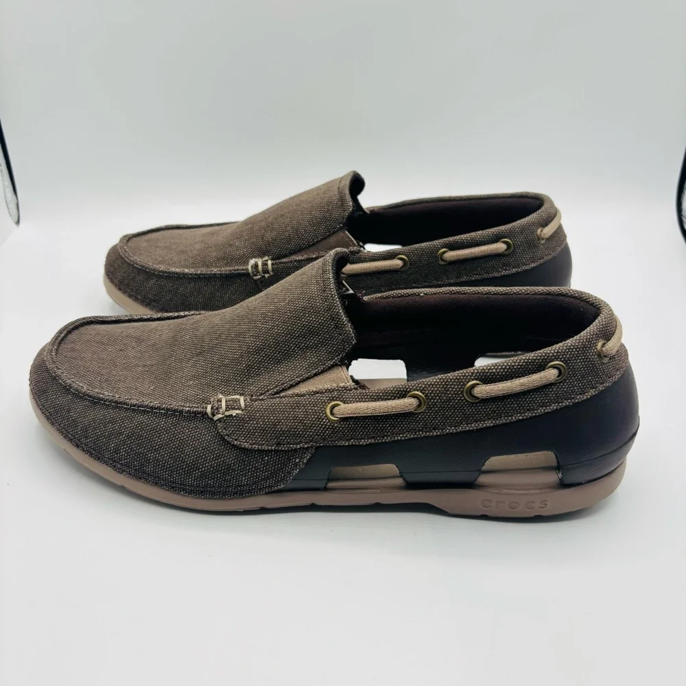CROCS Men's Brown Canvas Slip-On Boat Shoe with Tan Accents